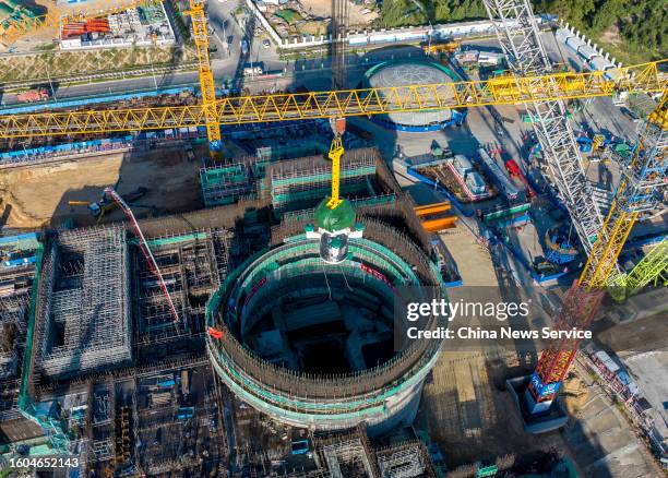 Aerial view of the core module of China's Linglong One, the world's first commercial small modular reactor , installed on August 10, 2023 in...