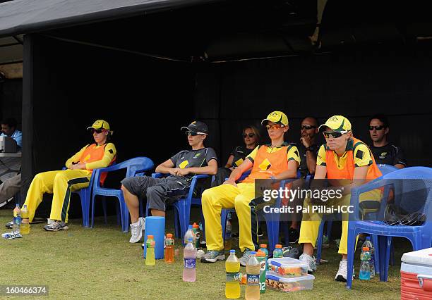 Players and support staff from Australia team relax during the second match of ICC Womens World Cup between Australia and Pakistan, played at the...