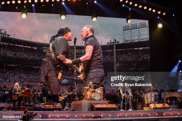 Bruce Springsteen and Steven Van Zandt perform during the opening night of the North American tour at Wrigley Field on August 9, 2023 in Chicago,...