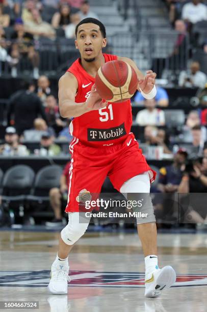 Tremont Waters of Puerto Rico passes against the United States in the first half of a 2023 FIBA World Cup exhibition game at T-Mobile Arena on August...