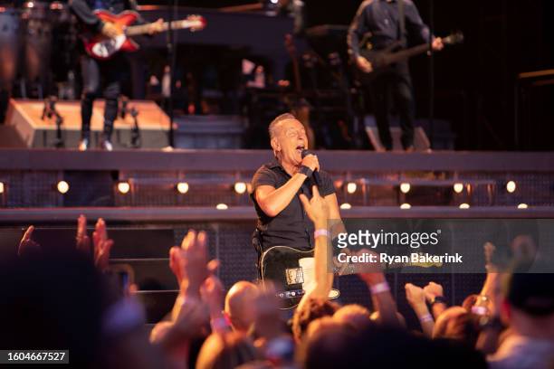 American Rock Musician Bruce Springsteen with the E Street Band on stage at Wrigley Field in Chicago, IL during the opening night of their 2023 North...