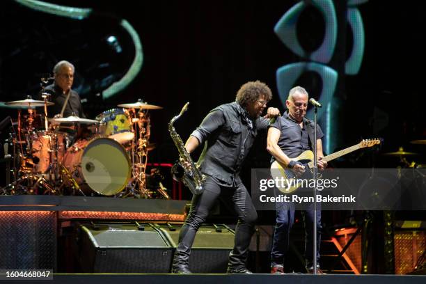 Jake Clemons and Bruce Springsteen perform during the opening night of their North American tour at Wrigley Field on August 9, 2023 in Chicago,...