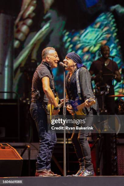 Bruce Springsteen and Steven Van Zandt perform during the opening night of the North American tour at Wrigley Field on August 9, 2023 in Chicago,...