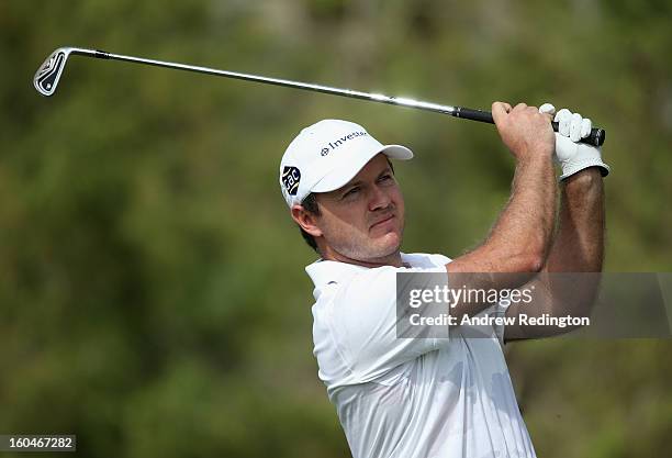Richard Sterne of South Africa in action during the second round of the Omega Dubai Desert Classic at Emirates Golf Club on February 1, 2013 in...