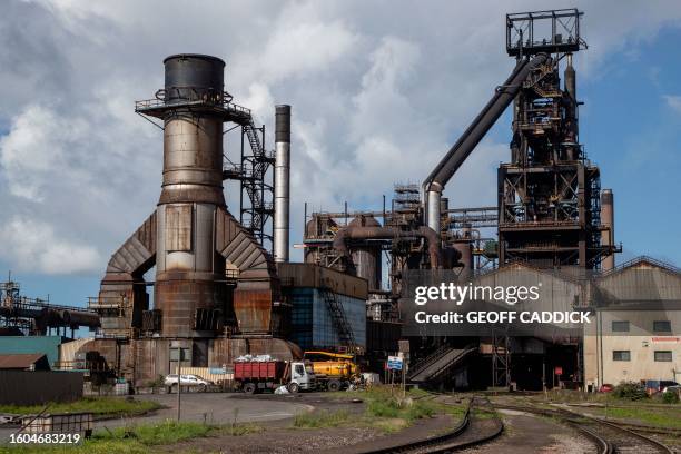 Photograph shows blast furnace number four at the Tata Steel Port Talbot integrated iron and steel works in south Wales on 15 August, 2023. Port...