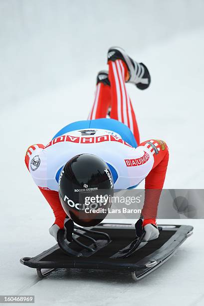 Alexander Tretjyakov of Russia competes during the man's skeleton first heat of the IBSF Bob & Skeleton World Championship at Olympia Bob Run on...