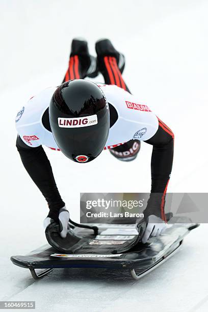 Frank Rommel of Germany competes during the man's skeleton first heat of the IBSF Bob & Skeleton World Championship at Olympia Bob Run on February 1,...