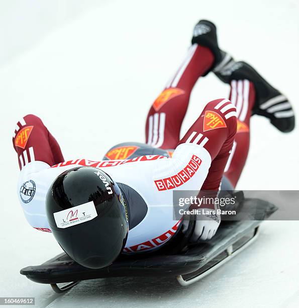 Tomass Dukurs of Latvia competes during the man's skeleton first heat of the IBSF Bob & Skeleton World Championship at Olympia Bob Run on February 1,...