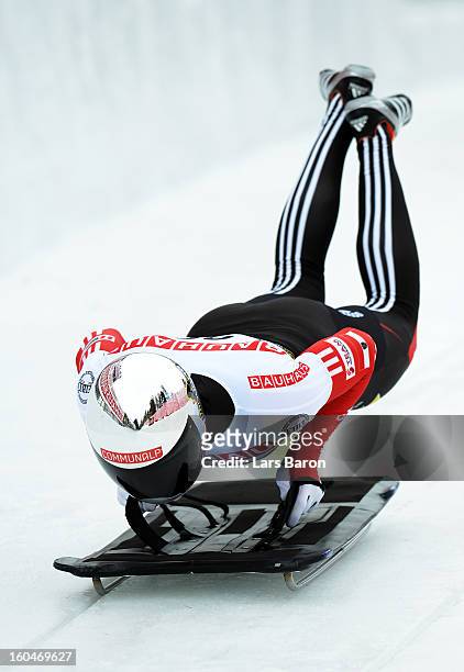 Matthias Guggenberger of Austria competes during the man's skeleton first heat of the IBSF Bob & Skeleton World Championship at Olympia Bob Run on...