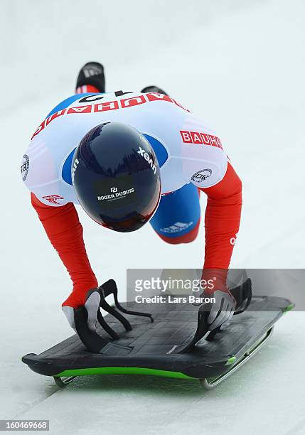 Anton Batuev of Russia competes during the man's skeleton first heat of the IBSF Bob & Skeleton World Championship at Olympia Bob Run on February 1,...