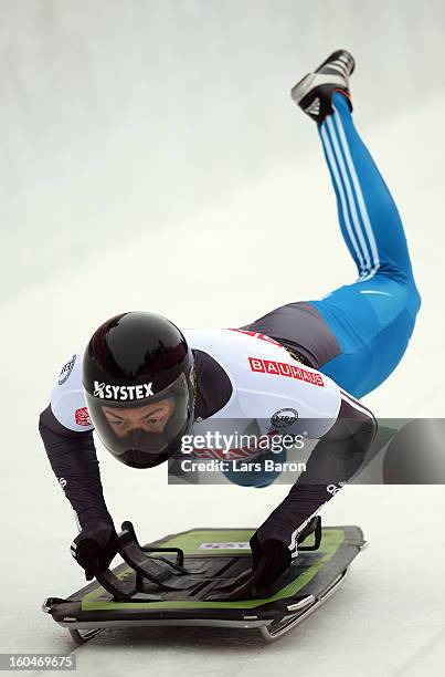 Hiroatsu Takahashi of Japan competes during the man's skeleton first heat of the IBSF Bob & Skeleton World Championship at Olympia Bob Run on...