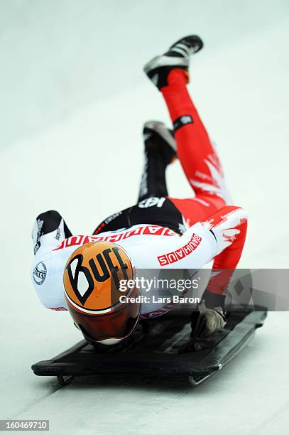 Ander Mirambell of Spain competes during the man's skeleton first heat of the IBSF Bob & Skeleton World Championship at Olympia Bob Run on February...