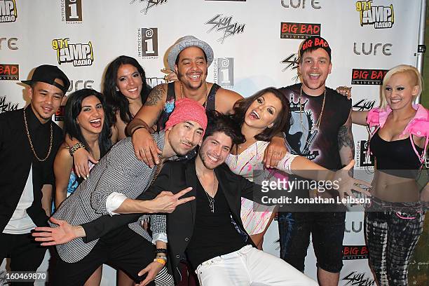 SkyBlu , Chelsea Korka and the Big Bad Crew pose at the SkyBlu "Pop Bottles" Single Release Party at Lure on January 31, 2013 in Hollywood,...