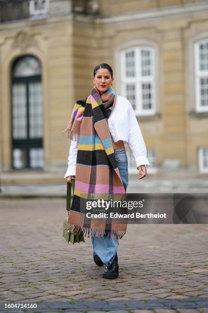 Gili Biegun wears a white cropped open shirt, a brown / black / yellow / blue / pink large striped print pattern fringed wool scarf, a khaki matte...