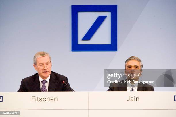 Juergen Fitschen and Anshu Jain, Co-CEOs of Deutsche Bank, during the company's annual press conference to announce its financial results for 2012 on...
