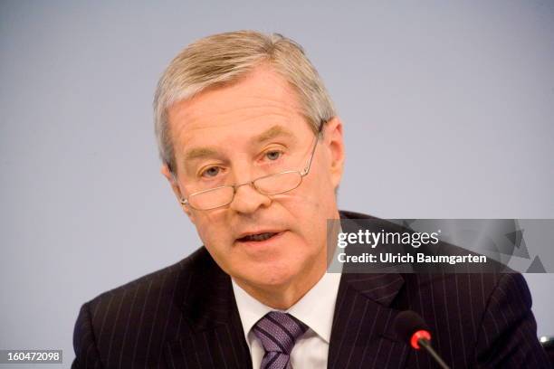 Juergen Fitschen, Co-CEO of Deutsche Bank, during the company's annual press conference to announce its financial results for 2012 on January 31,...