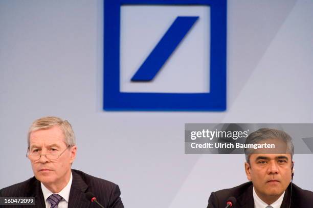 Juergen Fitschen and Anshu Jain, Co-CEOs of Deutsche Bank, during the company's annual press conference to announce its financial results for 2012 on...