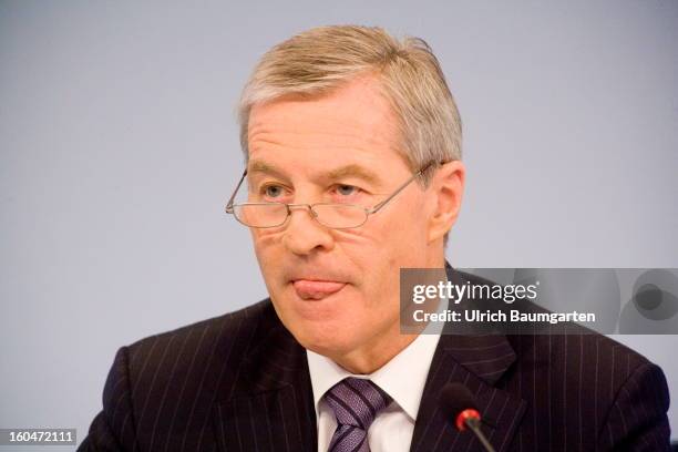 Juergen Fitschen, Co-CEO of Deutsche Bank, during the company's annual press conference to announce its financial results for 2012 on January 31,...