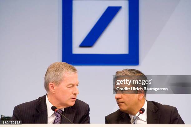 Juergen Fitschen and Anshu Jain, Co-CEOs of Deutsche Bank, during the company's annual press conference to announce its financial results for 2012 on...