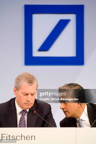 Juergen Fitschen and Anshu Jain, Co-CEOs of Deutsche Bank, during the company's annual press conference to announce its financial results for 2012 on...