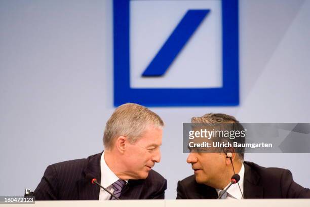 Juergen Fitschen and Anshu Jain, Co-CEOs of Deutsche Bank, during the company's annual press conference to announce its financial results for 2012 on...