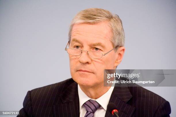 Juergen Fitschen, Co-CEO of Deutsche Bank, during the company's annual press conference to announce its financial results for 2012 on January 31,...