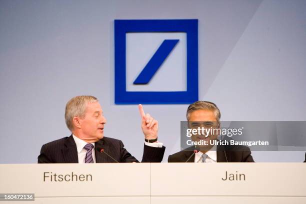 Juergen Fitschen and Anshu Jain, Co-CEOs of Deutsche Bank, during the company's annual press conference to announce its financial results for 2012 on...