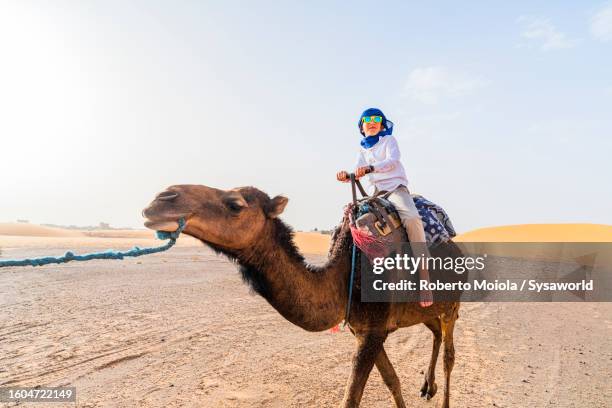 happy young boy riding a camel in the desert - riding camel stock pictures, royalty-free photos & images
