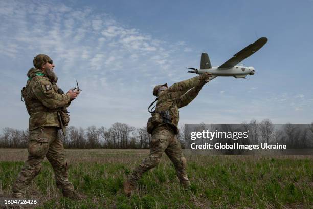 Member of Falcon unit sending Ukrainian drone Leleka to air on April 18 in Kostiantynivka, Ukraine. Ukrainian drones used to fight against the...