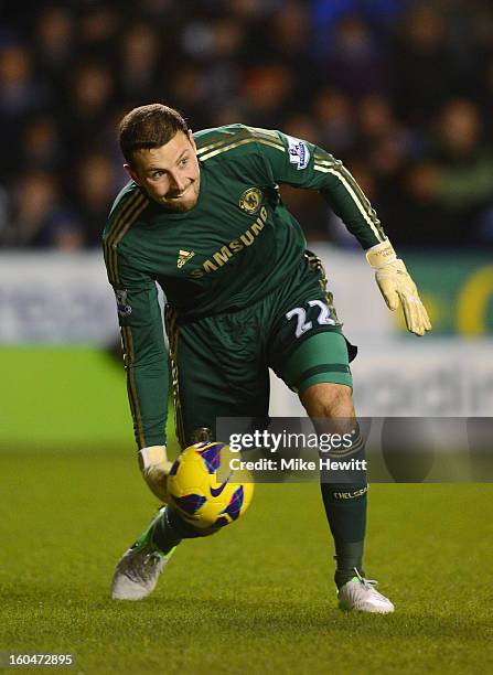 Goalkeeper Ross Turnbull of Chelsea rolls the ball out during the Barclays Premier League match between Reading and Chelsea at Madejski Stadium on...