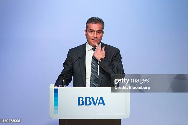 Angel Cano, president and chief operating officer of Banco Bilbao Vizcaya Argentaria SA , speaks during a news conference to announce the company's...