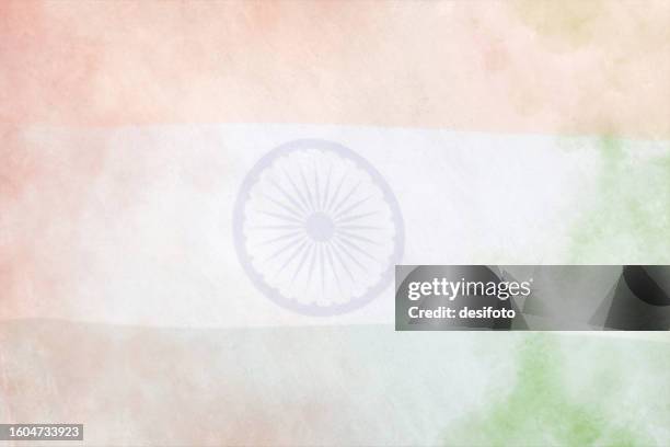 horizontal backgrounds of transparent or translucent tricolor indian flag, in orange or saffron, white and green color stripes and a blue ashok chakra circle with spokes as in indian, national flag, on a smudged grungy faded wall - translucent texture stock illustrations