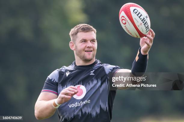 Dan Lydiate catches the ball during the Welsh Rugby Union training at Hensol Castle Distillery training pitch on August 17, 2023 in Hensol, Wales, UK.