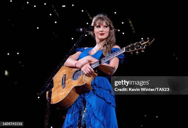 Taylor Swift performs onstage during "Taylor Swift | The Eras Tour" at SoFi Stadium on August 09, 2023 in Inglewood, California.