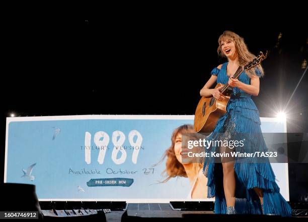 Taylor Swift performs onstage during "Taylor Swift | The Eras Tour" at SoFi Stadium on August 09, 2023 in Inglewood, California.