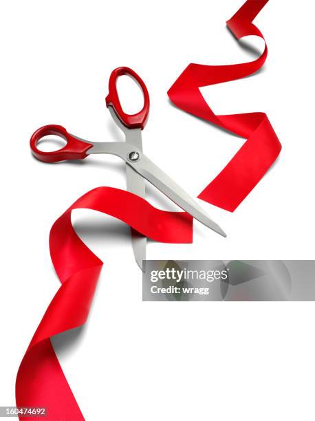 cut red ribbon and scissors - ribbon cutting stock pictures, royalty-free photos & images