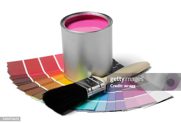 rosa farbe und pinsel - farbeimer stock-fotos und bilder