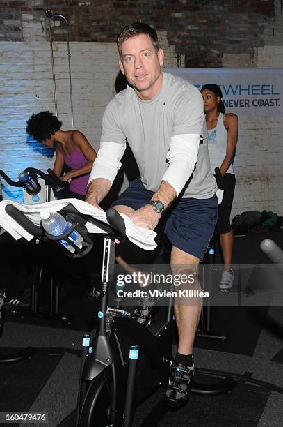 Former NFL Player Troy Aikman attends The Flywheel Challenge at the NFL House hosted by Shannon Sharpe at The Chicory on February 1, 2013 in New...