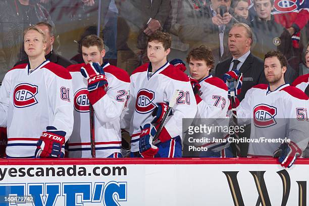 Head coach Michel Therrien of the Montreal Canadiens along with his players Lars Eller, Alex Galchenyuk, Colby Armstrong, Brendan Gallagher and David...