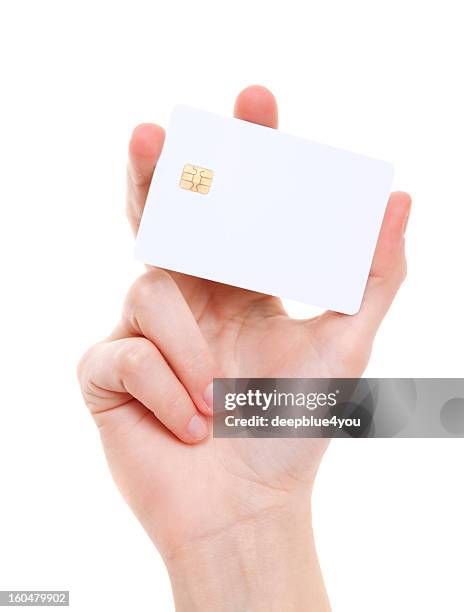 white prepaid card in woman's hand - hold stockfoto's en -beelden