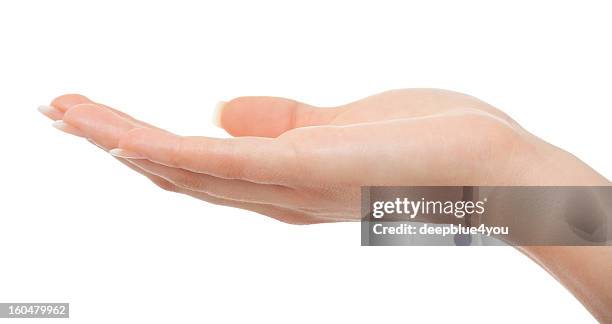 open woman hand isolated on white - female hands cupped stock pictures, royalty-free photos & images