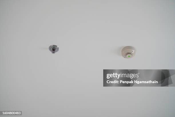 sprinklers and smoke detectors on the ceiling - fire sprinkler stockfoto's en -beelden