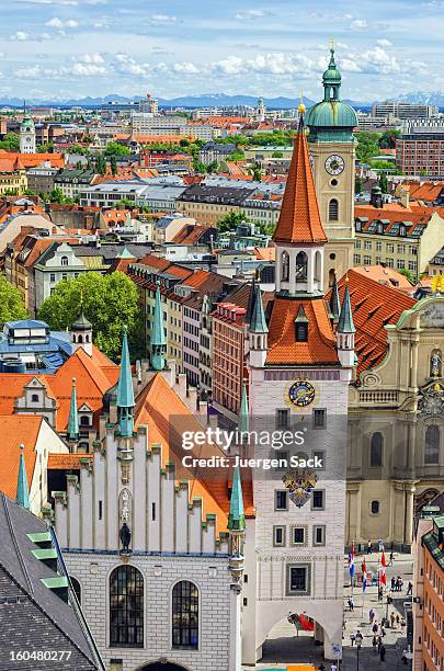 old town hall (altes rathaus) and cityscape munich with alps - munich stockfoto's en -beelden