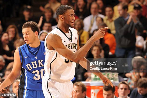 Aaron Rountree III of the Wake Forest Demon Deacons reacts to a play against the Duke Blue Devils at Lawrence Joel Coliseum on January 30, 2013 in...