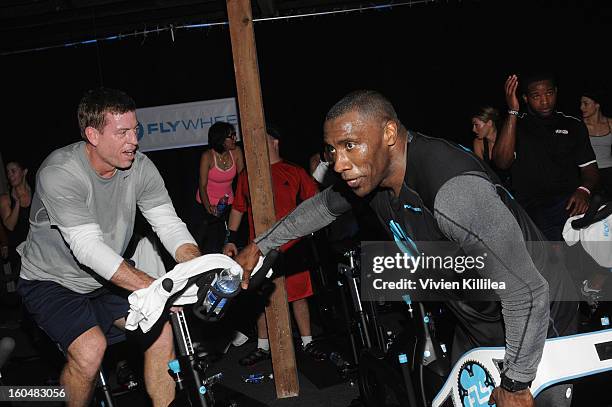 Former NFL Players Troy Aikman and Shannon Sharpe attend The Flywheel Challenge at the NFL House hosted by Shannon Sharpe at The Chicory on February...