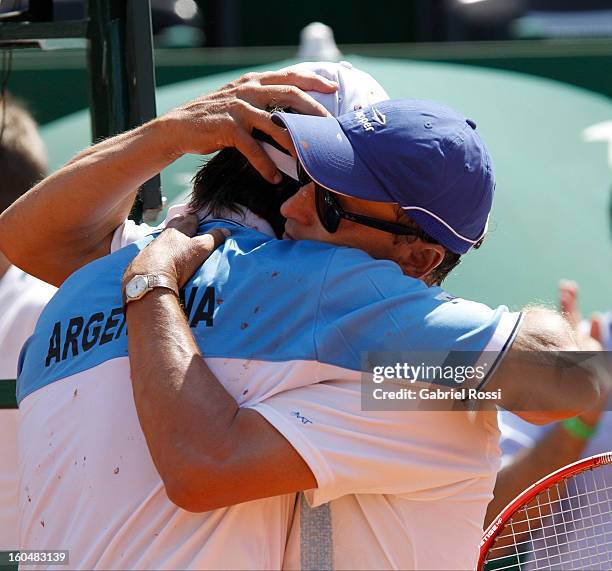 Carlos Berlocq celebrates after defeating Philipp Kohlschreiber in the opening match of the series between Argentina and Germany in the first round...