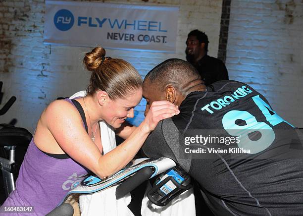 Katy Kellner and former NFL player Shannon Sharpe attend The Flywheel Challenge at the NFL House hosted by Shannon Sharpe at The Chicory on February...