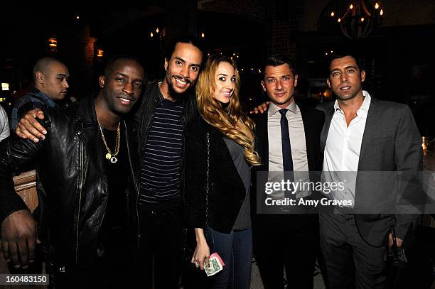 Elijah Kelly, Ross Naess, Kimberly Ryan, Sylvain Bitton and JT Torregiani attend the Aventine Restaurant Grand Opening on January 31, 2013 in...