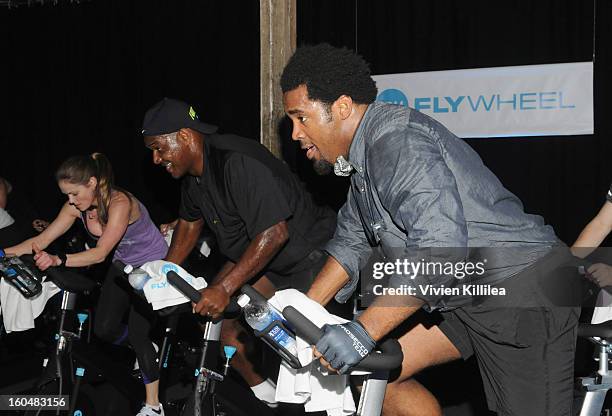 Katy Kellner, former NFL players Derrick Brooks and Dhani Jones attend The Flywheel Challenge at the NFL House hosted by Shannon Sharpe at The...