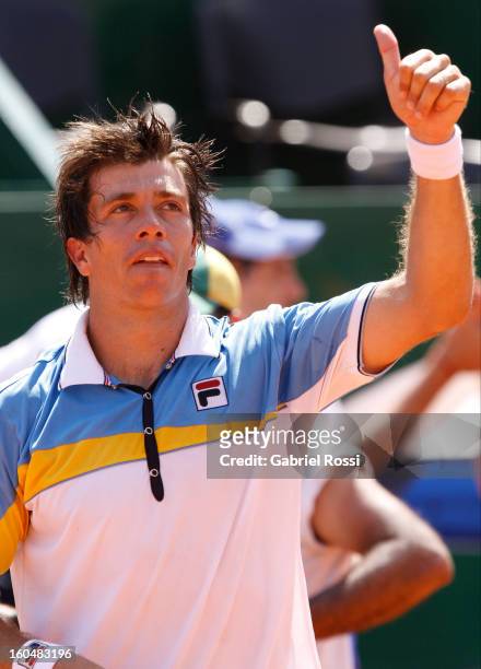 Carlos Berlocq celebrates after defeating Philipp Kohlschreiber in the opening match of the series between Argentina and Germany in the first round...